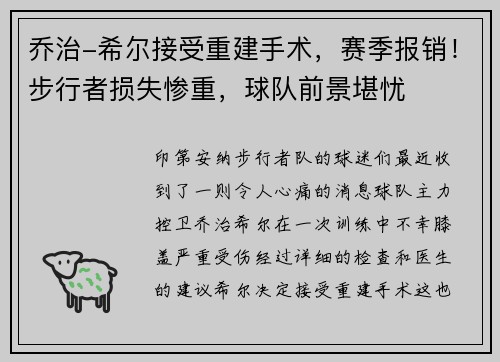 乔治-希尔接受重建手术，赛季报销！步行者损失惨重，球队前景堪忧